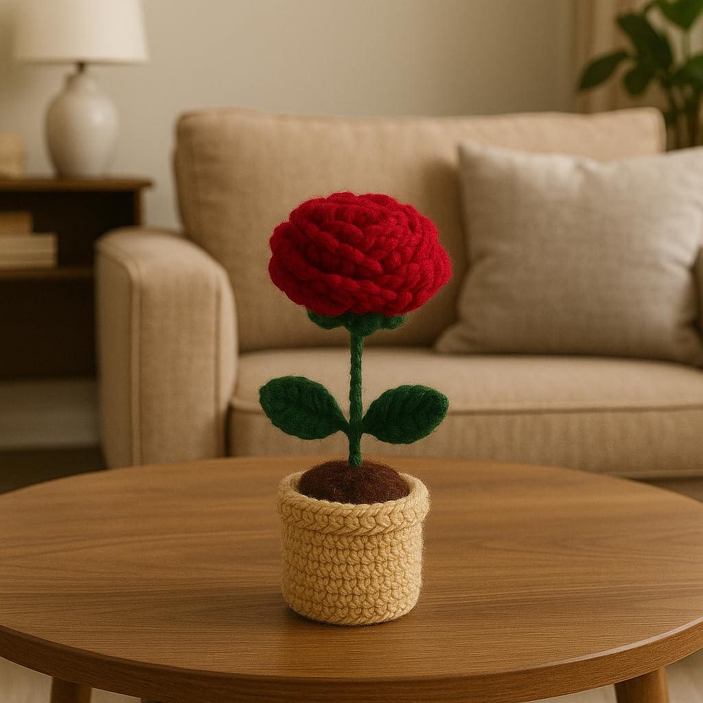 Handcrafted Crocheted Rose – Desk Plant – Durable Wool Yarn – Compact, Zero-Maintenance