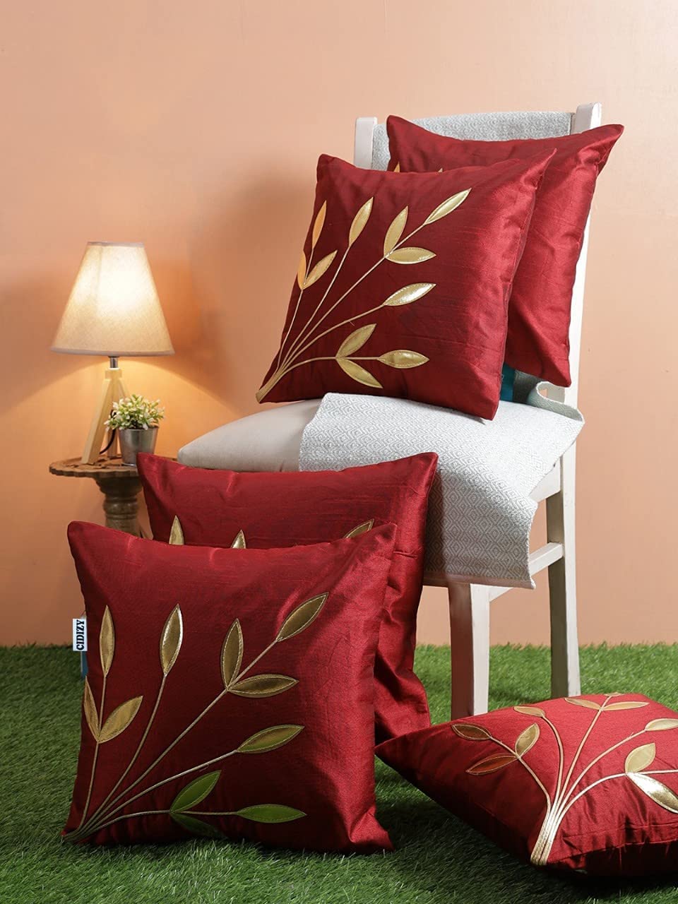 Wholesale Cushion Covers – Maroon Silk Golden Floral Embroidered – 16x16 Inch, 5-Pack