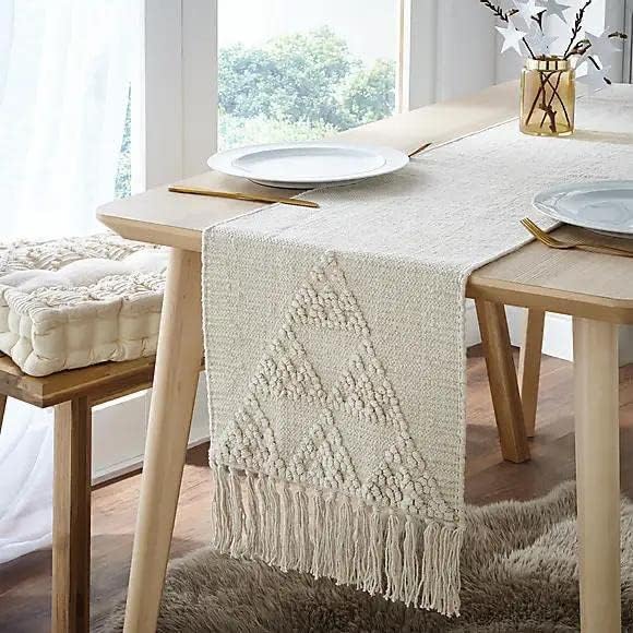 Handcrafted Natural Cotton Table Runner – Tassel Trim Table Linen – Off-White Geometric – 14x72 Inch, Single Unit