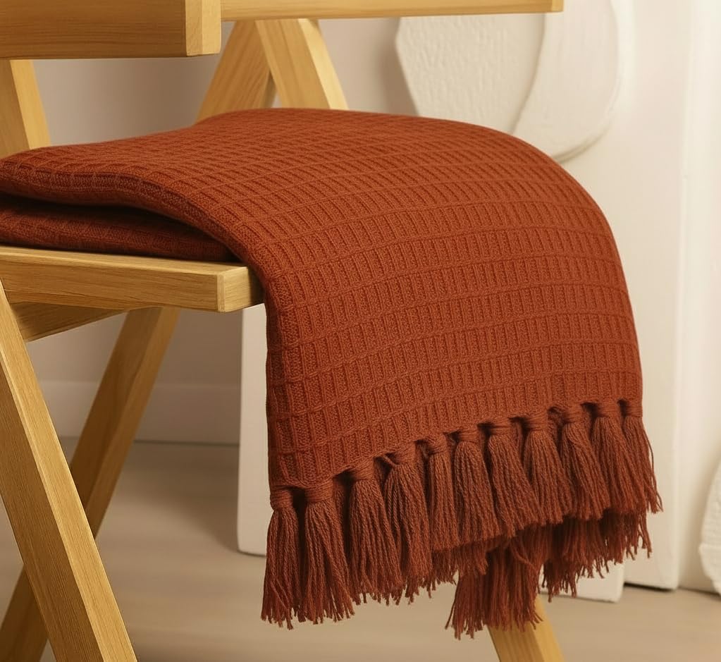 Waffle Knit Throw Blanket – Cotton Tasseled – All-Season – 127x152 cm