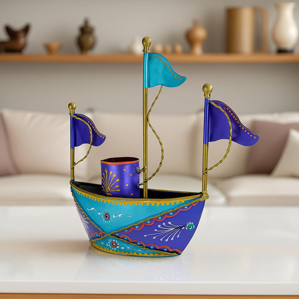 Iron Ship Boat Showpiece – Handpainted Metal – 26cm L Tabletop Decor