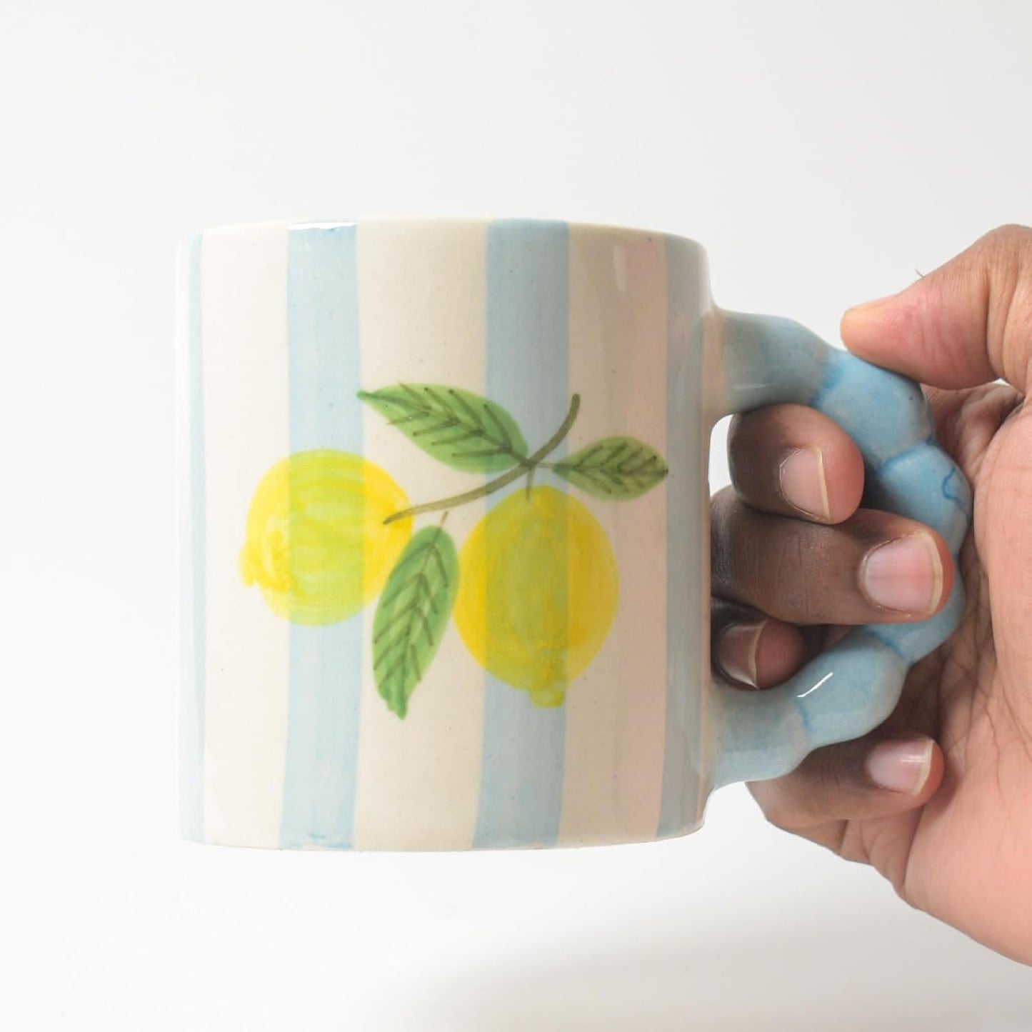 Blue Striped Lemon Mug – Artisan Ceramic Coffee Mug – Sustainable Clay – 250 ML