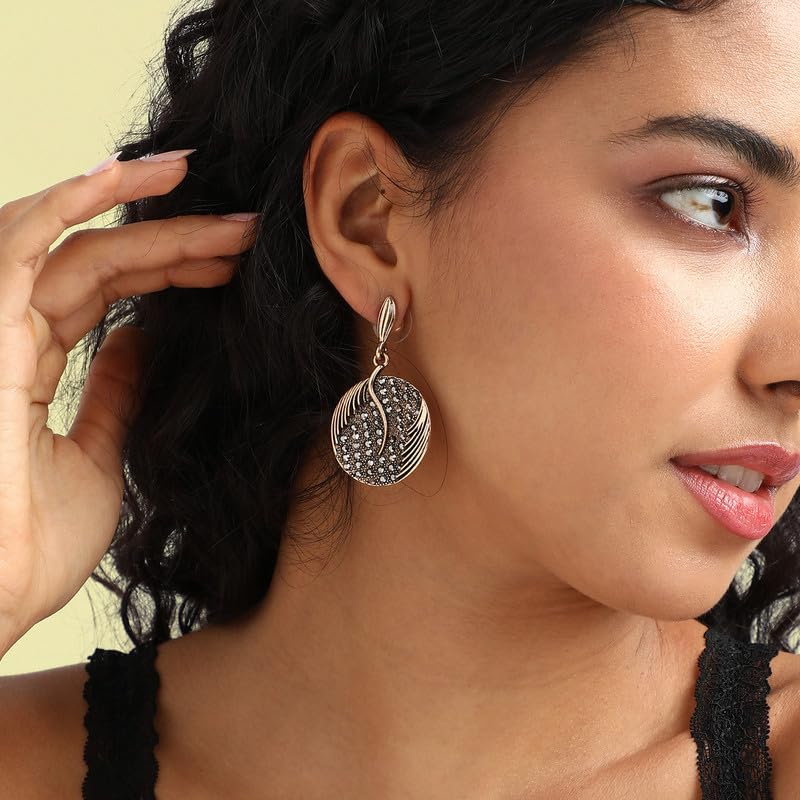 Circular Textured Drop Earrings – Fashion Jewellery – Alloy & Artificial Stones – Gold Tone Finish