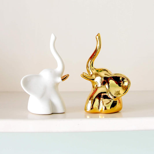 Ceramic Elephant Figurines – Modern White & Gold – 2pc Set