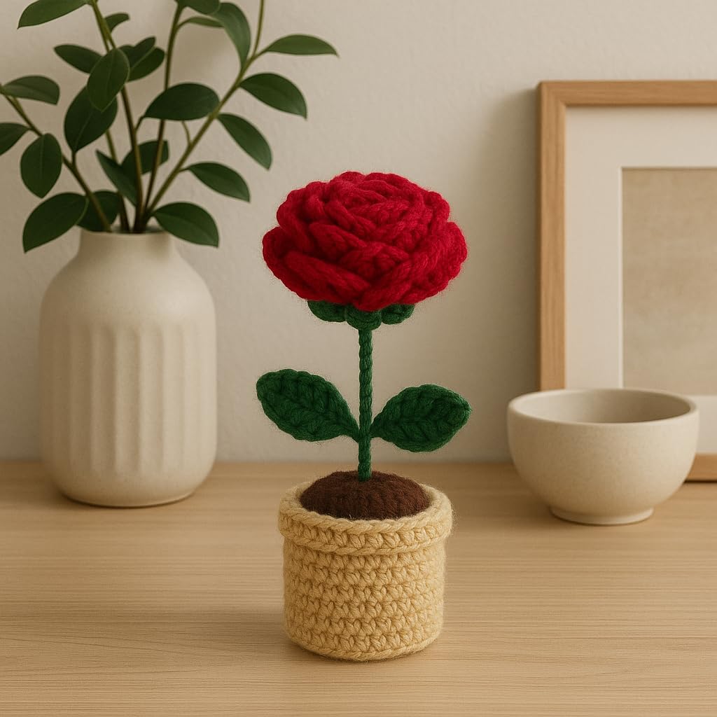 Handcrafted Crocheted Rose – Desk Plant – Durable Wool Yarn – Compact, Zero-Maintenance