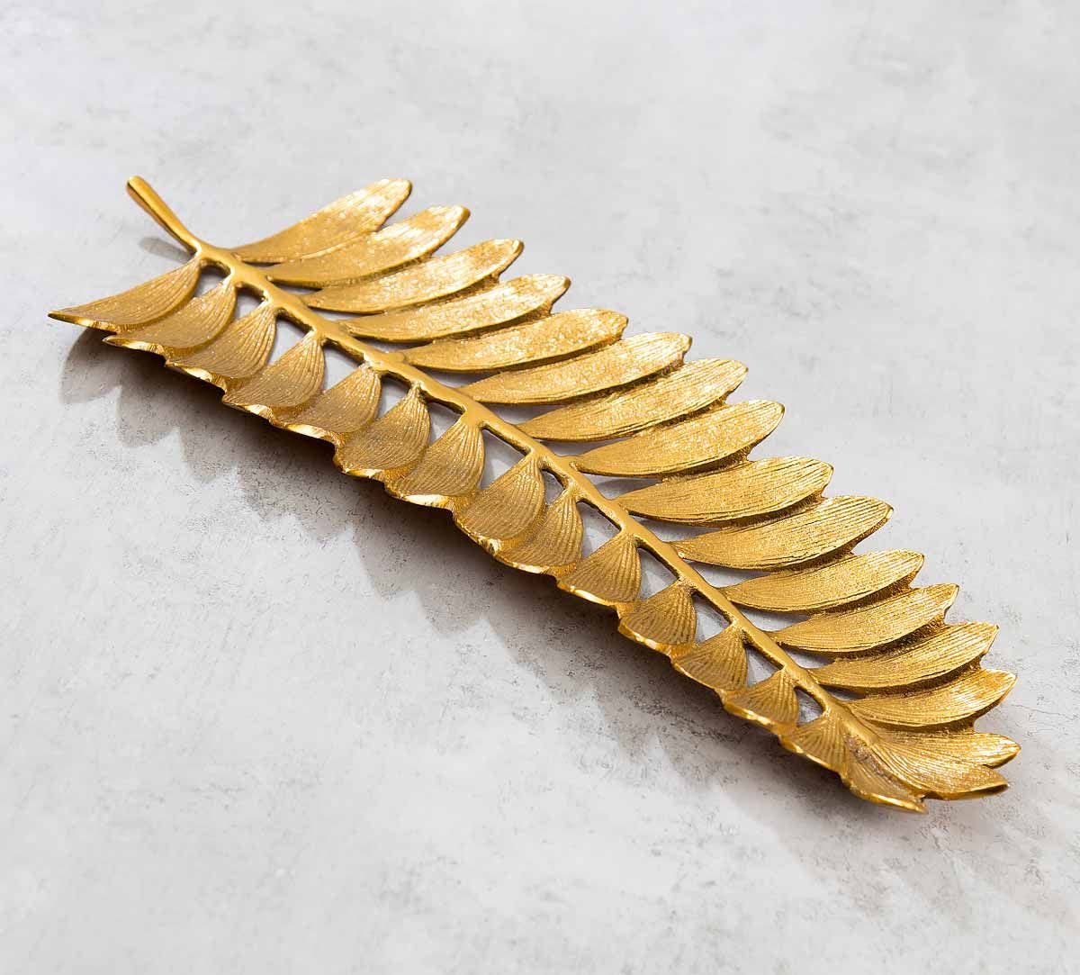 Gold Leaf Decorative Serving Tray – Tabletop Platter – Durable Metal – 20 Inch