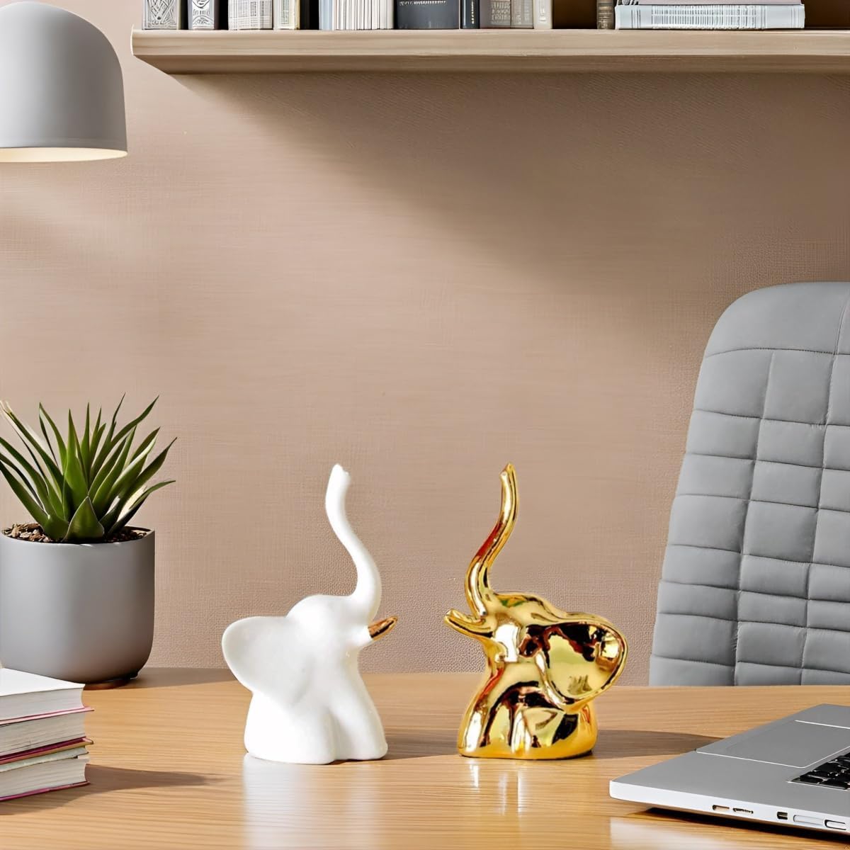 Ceramic Elephant Figurines – Modern White & Gold – 2pc Set