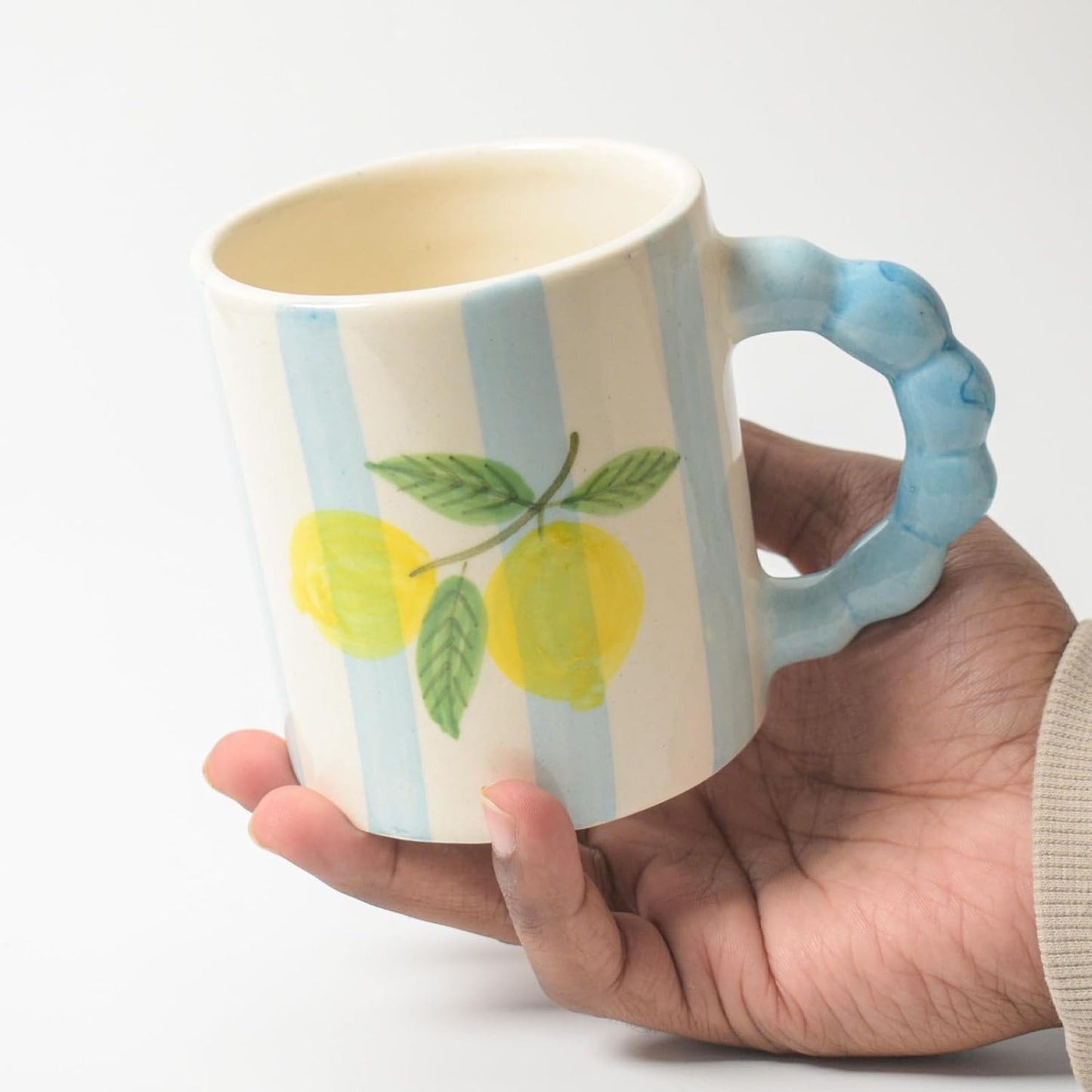 Blue Striped Lemon Mug – Artisan Ceramic Coffee Mug – Sustainable Clay – 250 ML