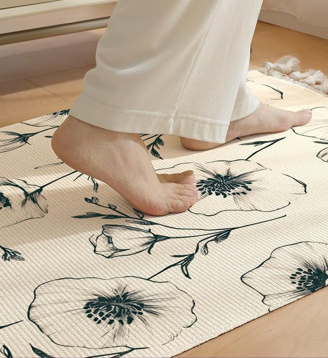 Bedside Runner – Hand Woven Cotton – Washable Printed 2x5 Feet Black Floral