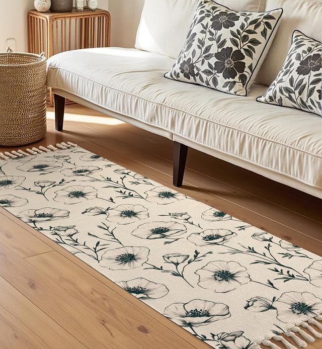 Bedside Runner – Hand Woven Cotton – Washable Printed 2x5 Feet Black Floral