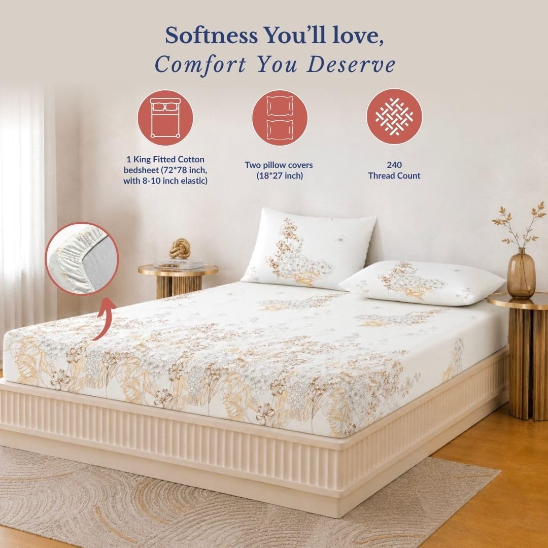 Bedsheet | Pure Cotton Elastic Fitted | 72x78 Inch, 3-Piece