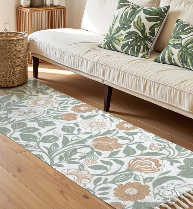 Hand Woven Cotton Bedside Runner – Washable – 2x5 ft Green Floral
