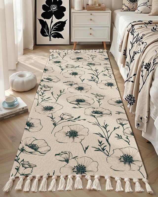 Bedside Runner – Hand Woven Cotton – Washable Printed 2x5 Feet Black Floral
