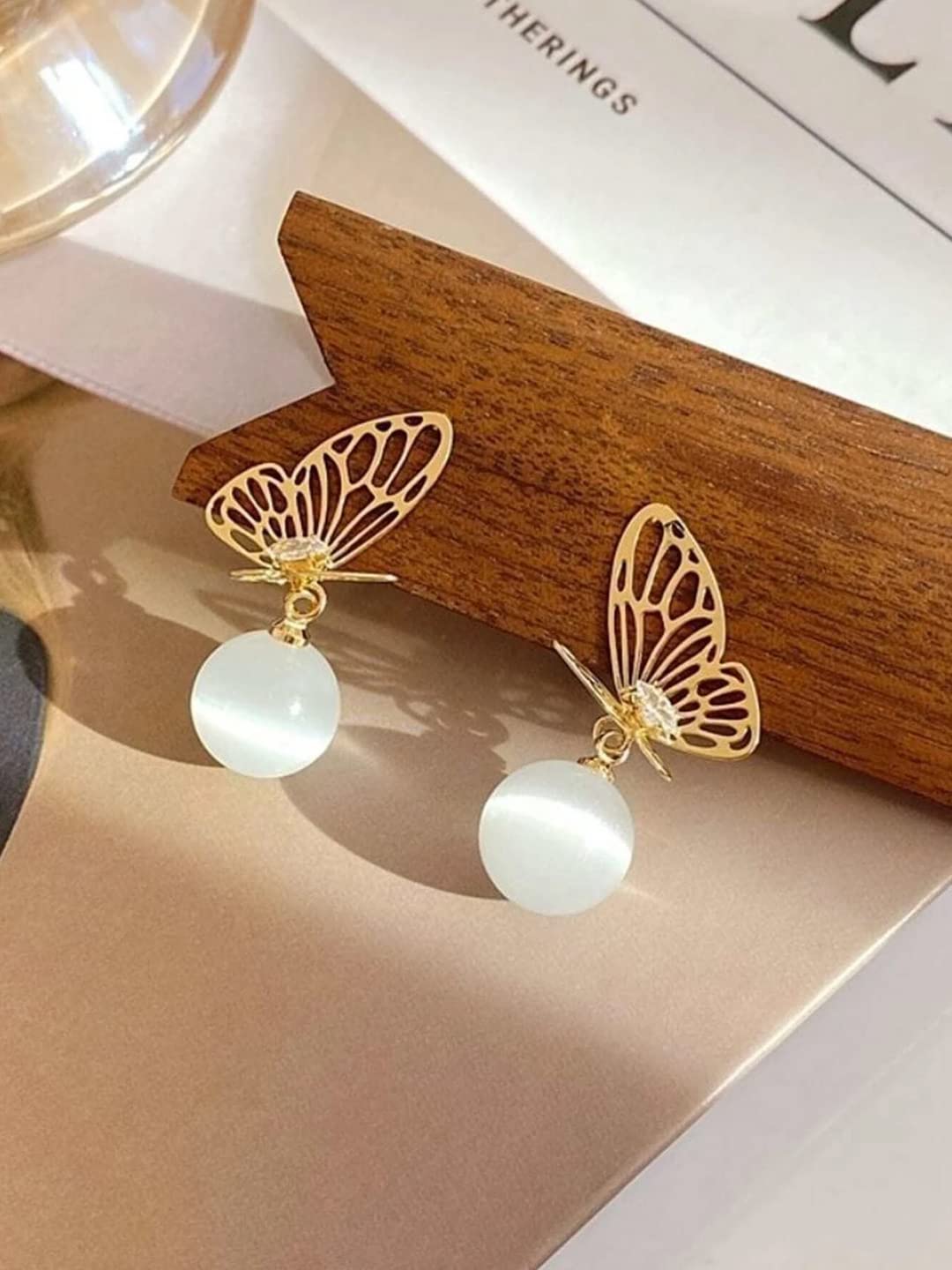 Gold Tone Butterfly Stud Drop Earrings – Fashion Jewellery – White Pearl Accent