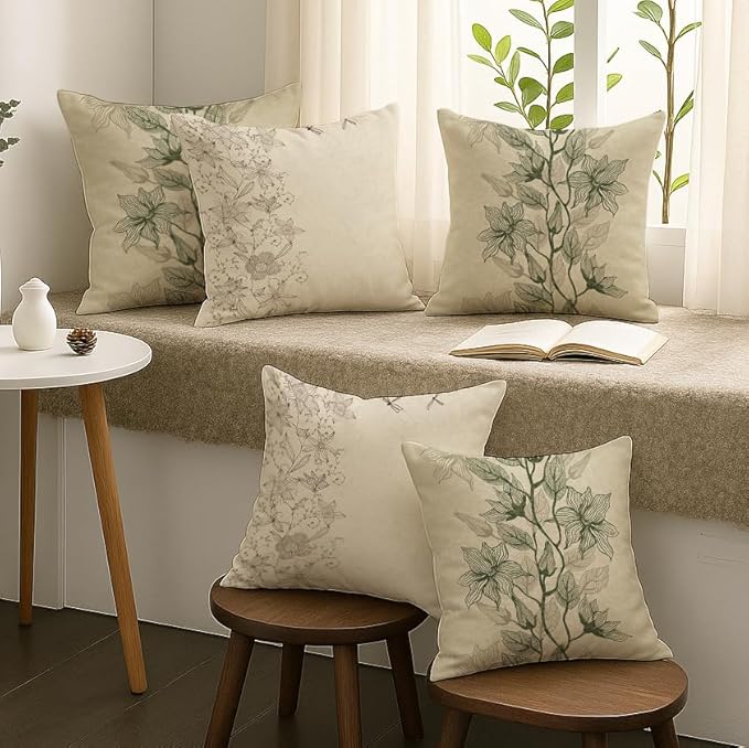 Cushion Covers – Polycotton Botanical Print – Set of 5, 18x18 Inches