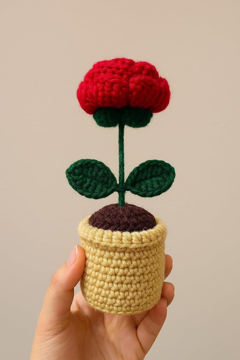 Handcrafted Crocheted Rose – Desk Plant – Durable Wool Yarn – Compact, Zero-Maintenance