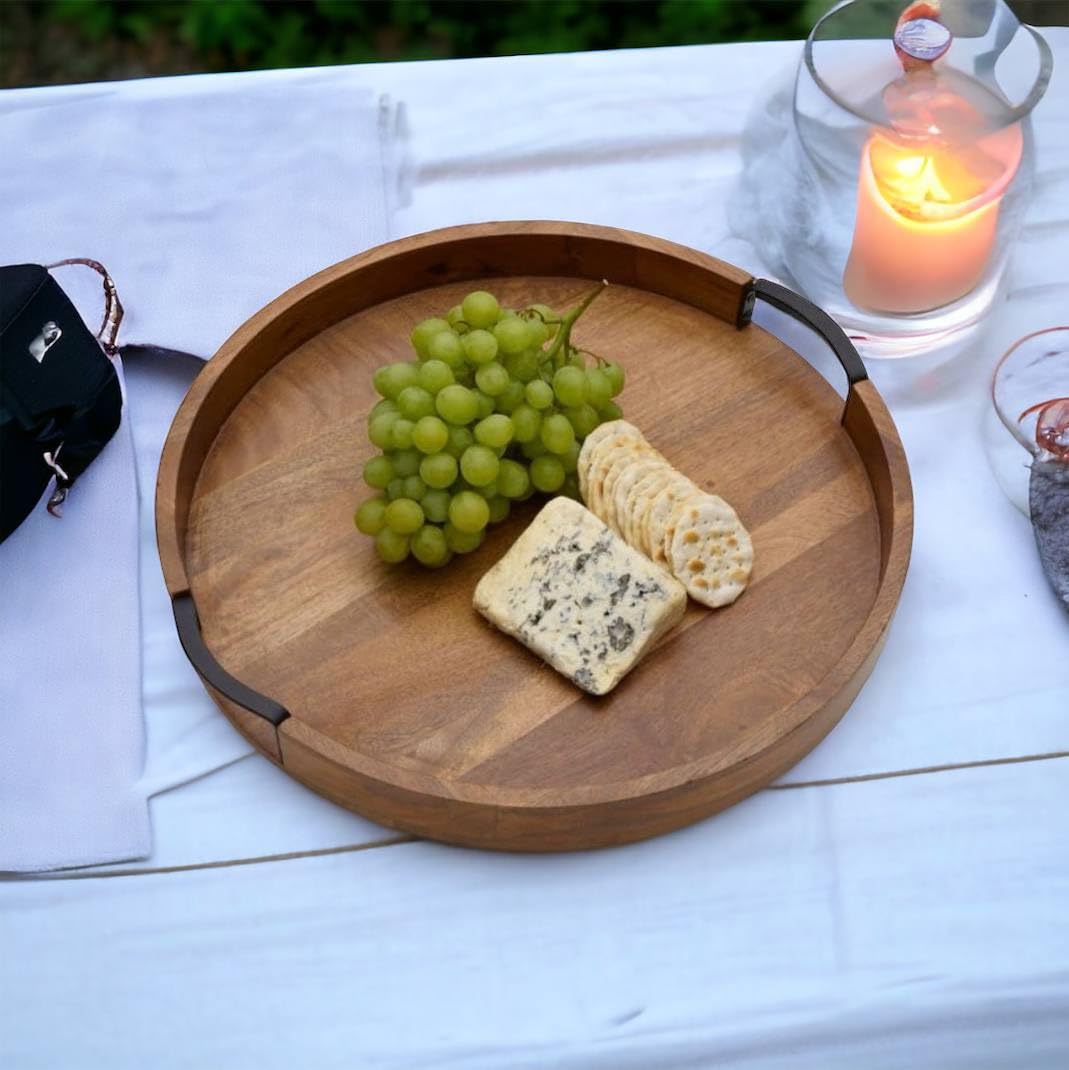 Rustic Round Wooden Serving Tray – Brown Wood Platter – Iron Handle – Medium 11" x 11" x 1.5"