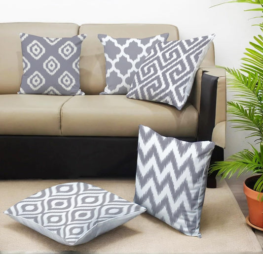 Wholesale Polycotton Cushion Covers – Grey & White Ikat Geometric – 16x16 Inch Set of 5
