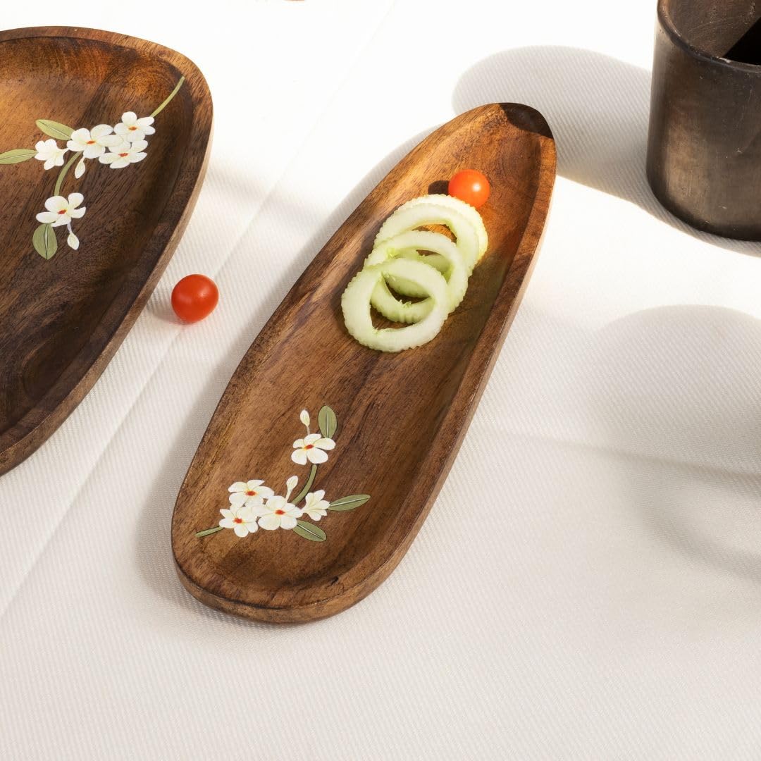 Handpainted Serving Platter – Rectangular Tray – Solid Mango Wood, Tropical Floral – 14.25x4.25x0.6 in