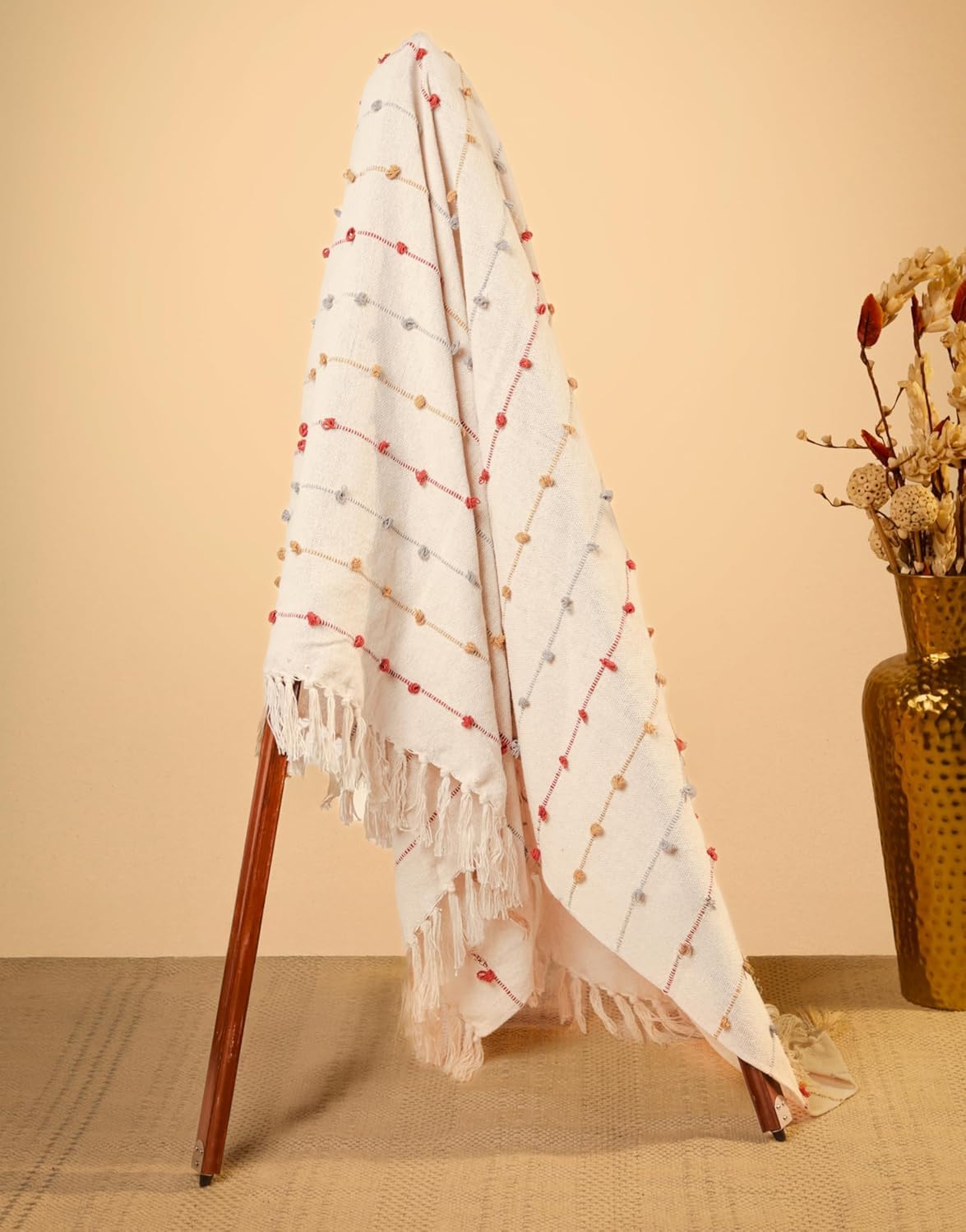 Cotton Throw Blanket – Modern Accent – Tufted Dots & Tassels – 132x183 cm