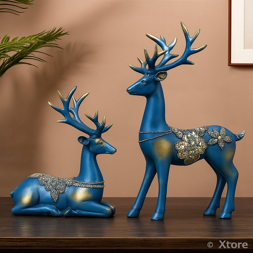 Resin Reindeer Statues – Handcrafted Home Decor Figurines – Pack of 2 Blue