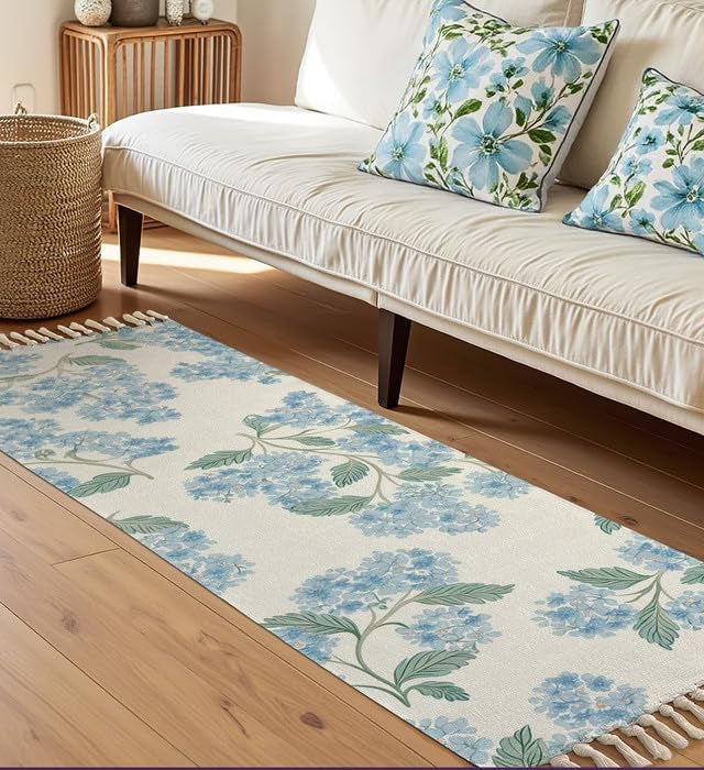 Bedside Runner Rug – Hand Woven Cotton – Washable Printed Floral – 2x5 Feet