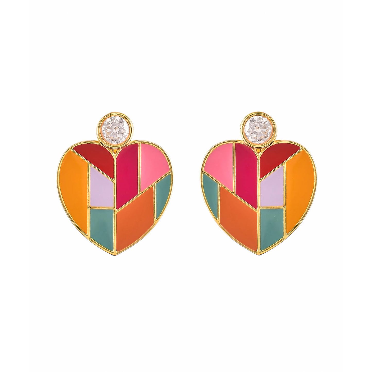 Mosaic Heart Drop Earrings – Handcrafted Brass Jewellery – Skin-Safe Finish – Retail Pair