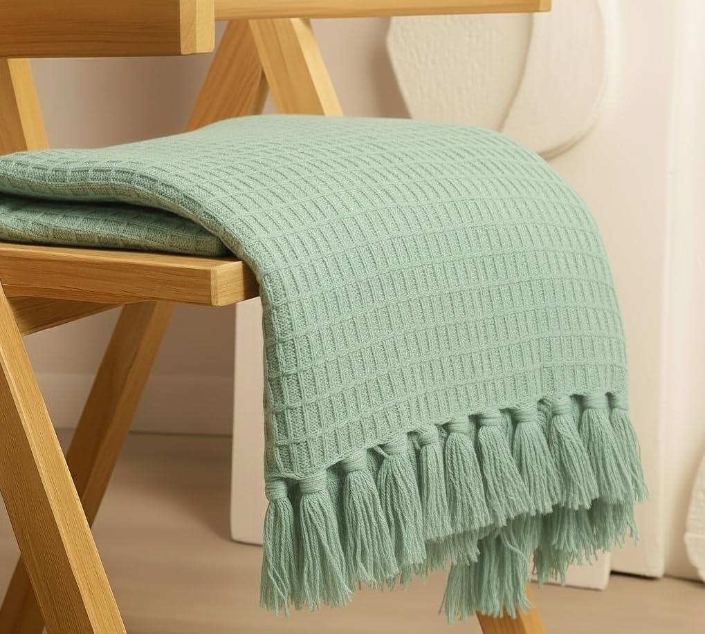 Waffle Knit Throw Blanket – Cotton Tasseled – All-Season Home Textile – 127x152 cm