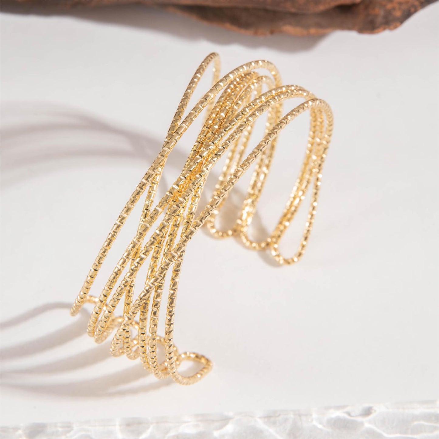 Geometric Double Twisted Kada Bangle – Open Cuff Bracelet – Gold Plated Finish – Adjustable Fit