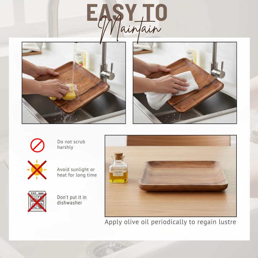 Acacia Solid Wood Kitchen Serving Tray – Handcrafted Serving Platter – 11x11 Inch Square
