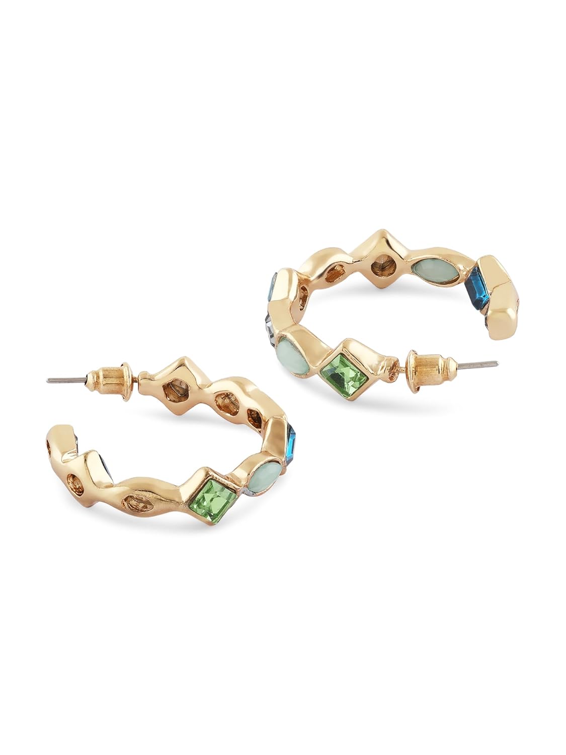 Green Blue Dazzling Stones Semi Hoop Studs – Contemporary Earrings – Embellished Jewellery Pair