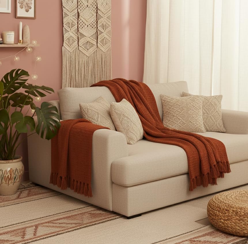 Waffle Knit Throw Blanket – Cotton Tasseled – All-Season – 127x152 cm