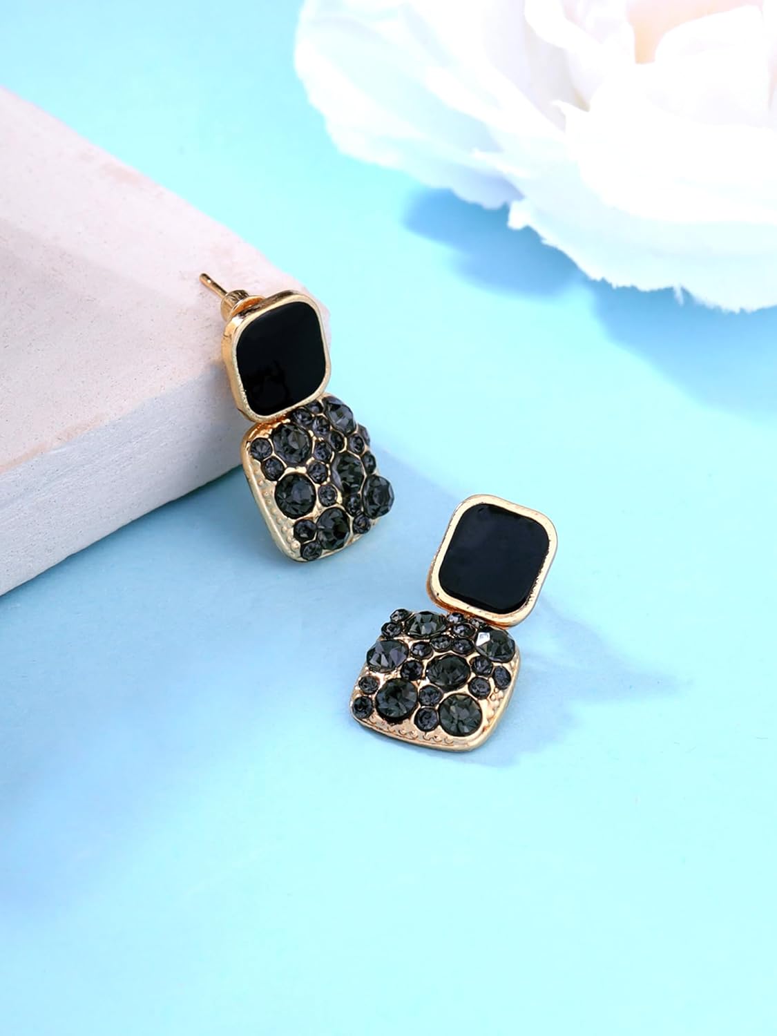 Black Crystal Drop Earrings – Women's Fashion Jewellery – Gold Toned – Direct Sourced Value