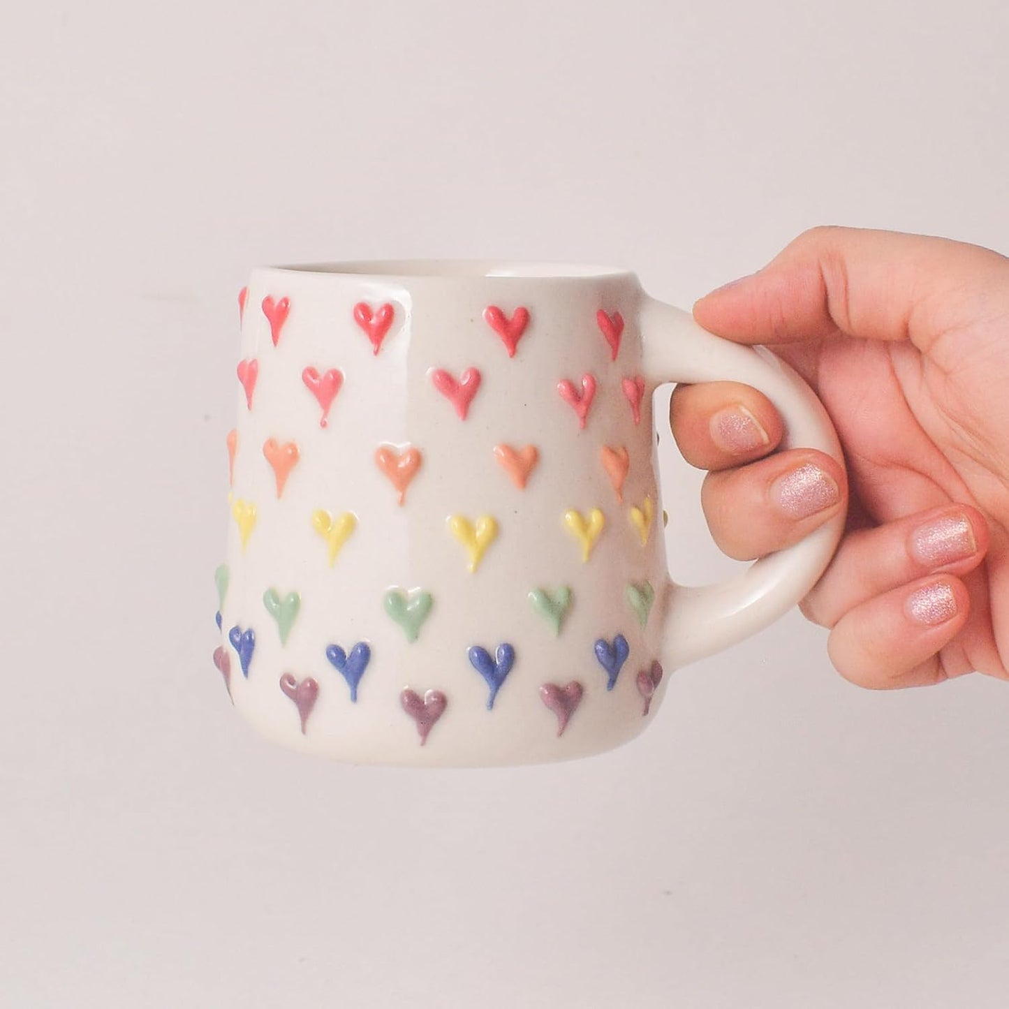 Rainbow Heart Ceramic Mug – Coffee & Tea Cup – Handmade Pottery – 260 ML