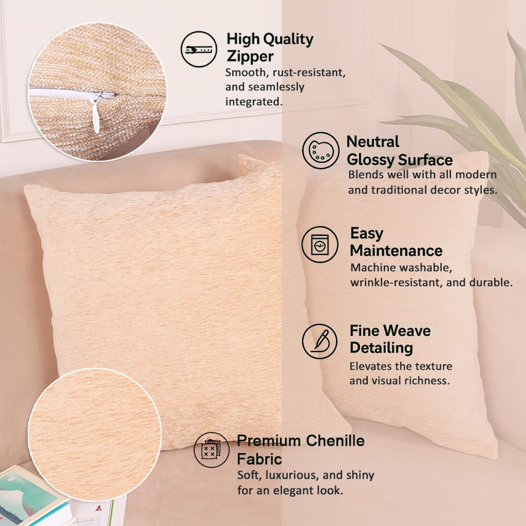 Chenille Cushion Covers – Textured, Durable & Washable – 16x16 Inch, Set of 2 (Light Beige)