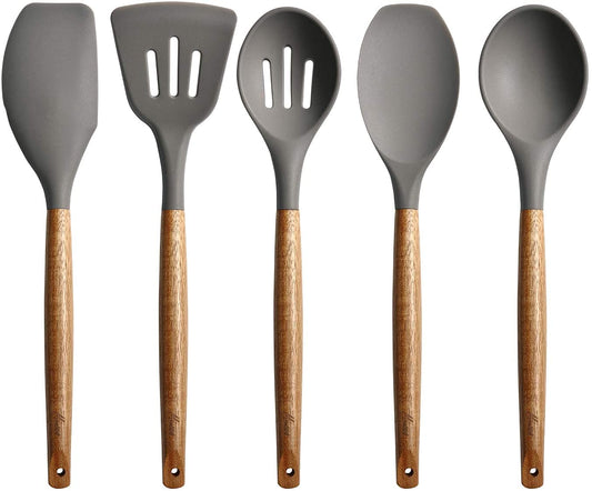 Non-Stick Silicone & Acacia Wood Kitchen Utensil Set – Cookware Tools – Heat Resistant – 5 Pcs