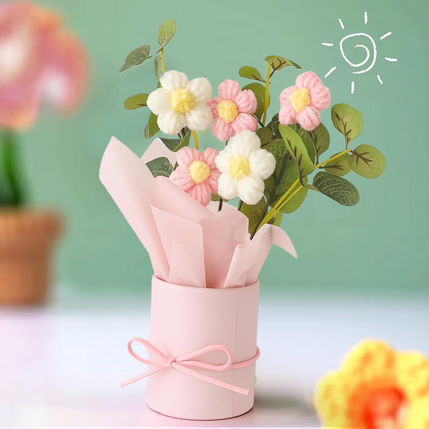 Textile Flower Bouquet – Decorative Home Accent – Cotton Yarn – Fade-Resistant – Single Unit Display
