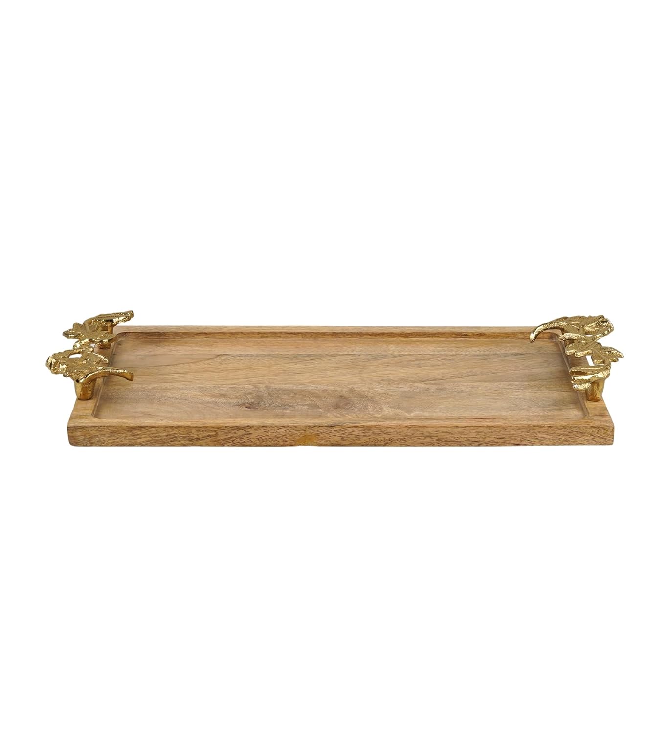Mango Wood Serving Tray – Rectangular Display Tray – Gold Leaf Handles – 22x42x4cm
