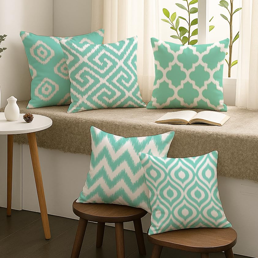 Cushion Covers – Polycotton Ikat Geometric Print – 16x16 Inch, Set of 5