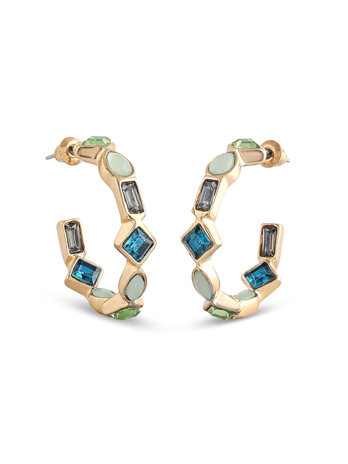 Green Blue Dazzling Stones Semi Hoop Studs – Contemporary Earrings – Embellished Jewellery Pair