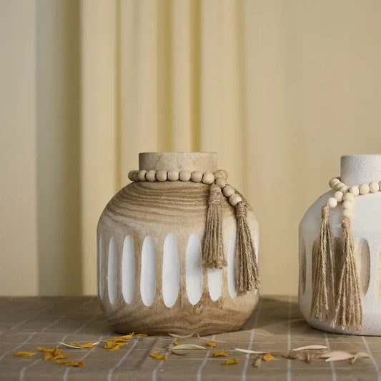 Boho Wood Vase Tassel Decor - Handmade Round Vase for Flowers