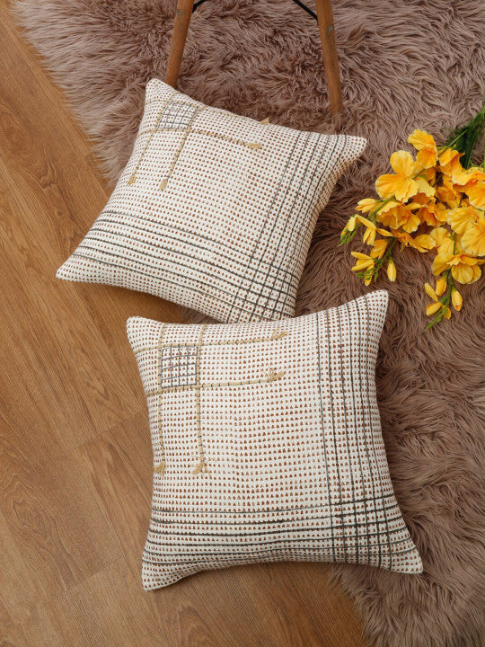 Set of 2 - Geometric Pattern Cushion Covers – Durable Cotton Fabric – Off-White & Brown – 45x45 cm