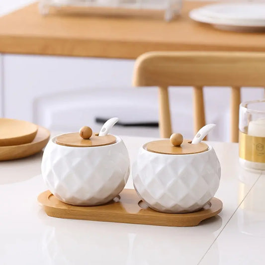 Ceramic Spice Jars with Wooden Lids & Spoons – Elegant Kitchen Storage Set