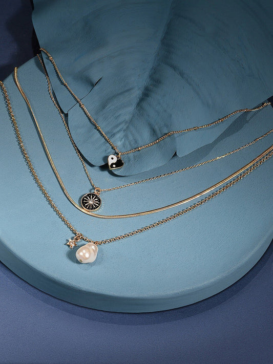 Layered Chain Necklace – Gold-Plated Alloy with Black Stones – 33.5cm Length