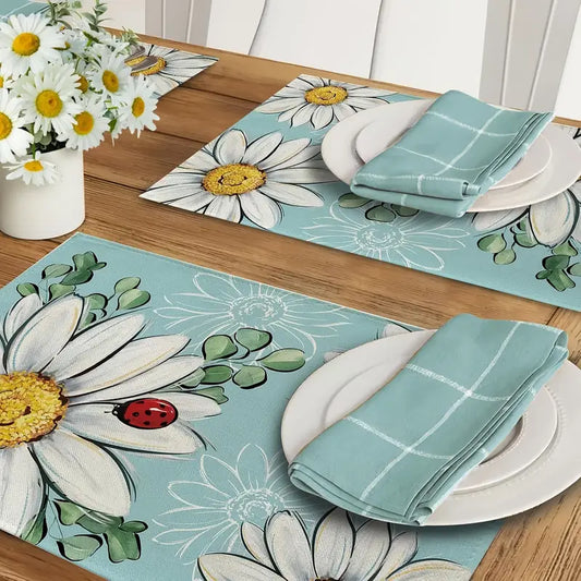 4PC Daisy Eucalyptus Placemats – 12" Blue Spring Table Mats with Ladybugs