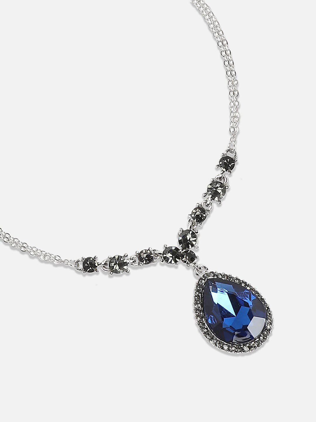 Blue Stone-Studded Necklace – Silver-Plated Alloy Jewellery – 42cm Length