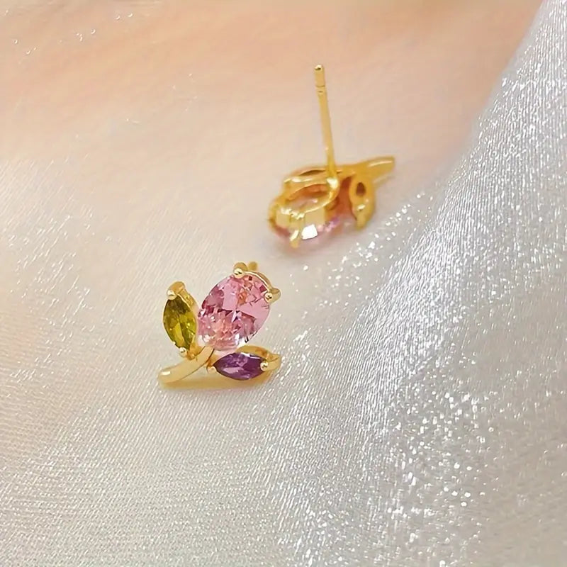 Tulip Stud Earrings: Colorful Gemstone Alloy Jewelry
