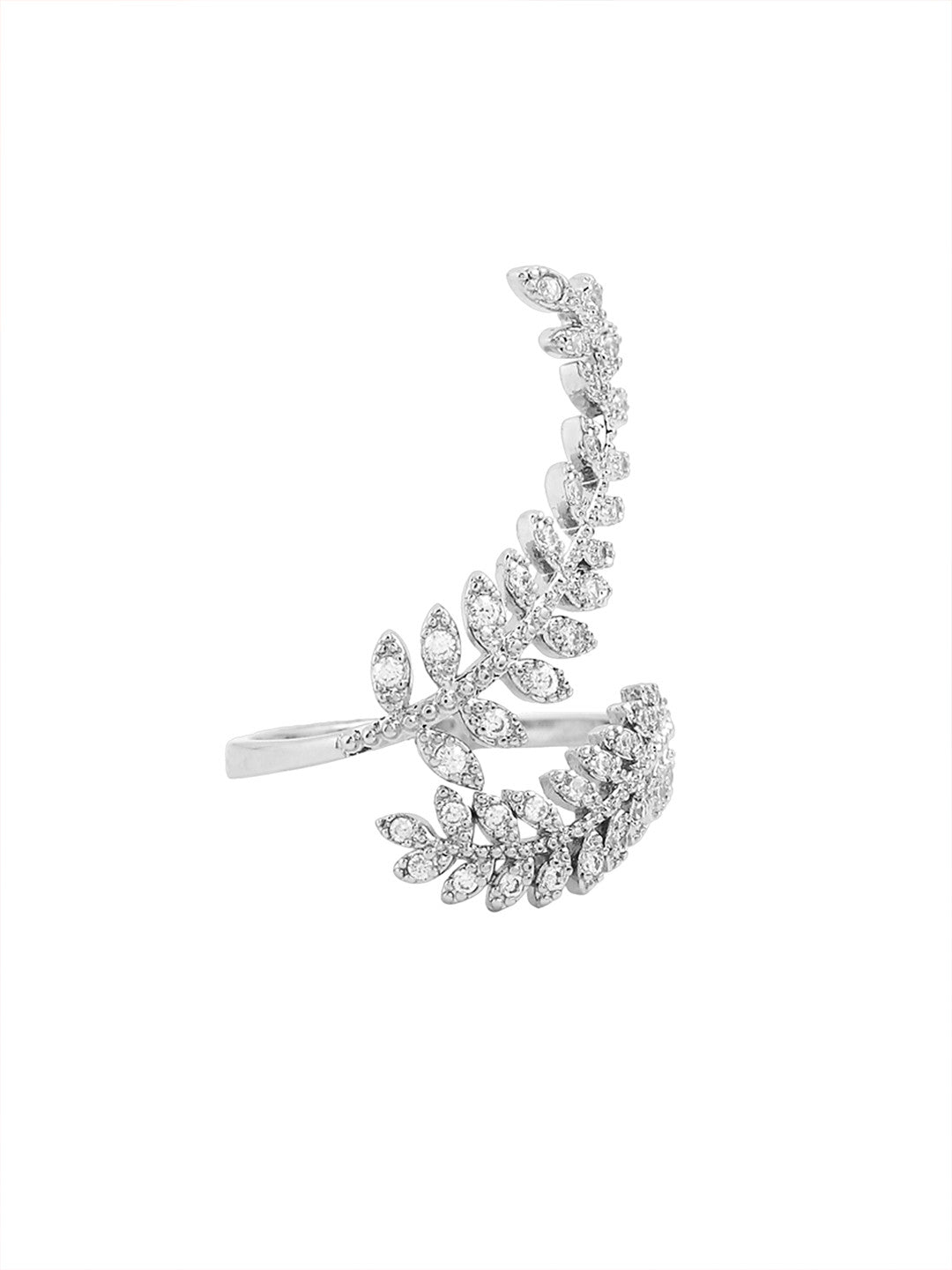 Silver-Toned Leafy Finger Ring – White Crystal-Studded – Adjustable Fit – 1 Unit