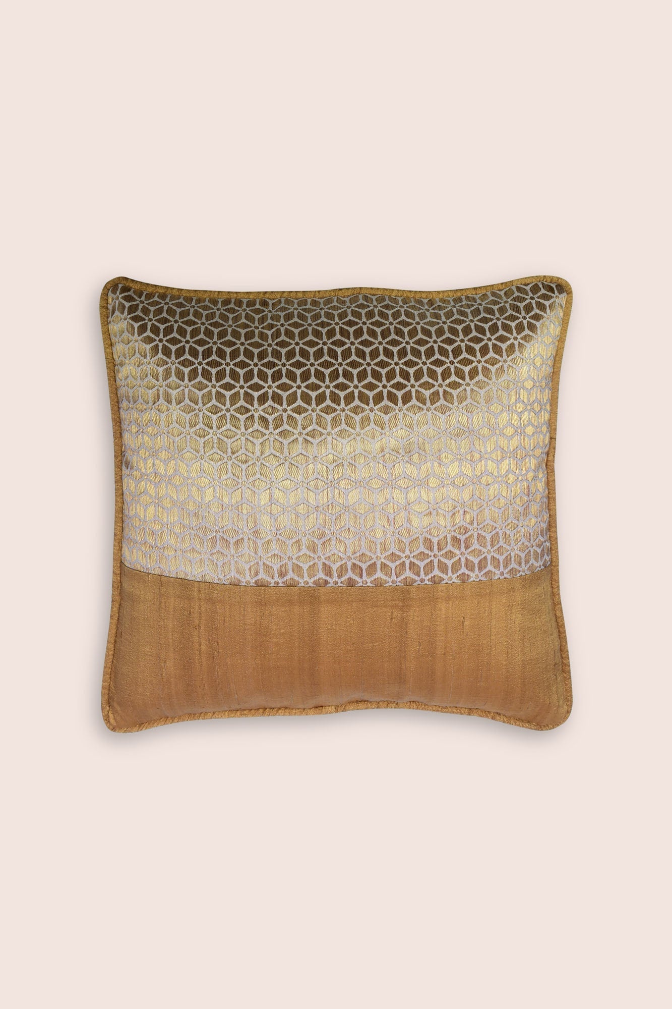 Handwoven Dupion Silk Cushion Cover With Geometrical Floral Pattern - Jacquard Patch