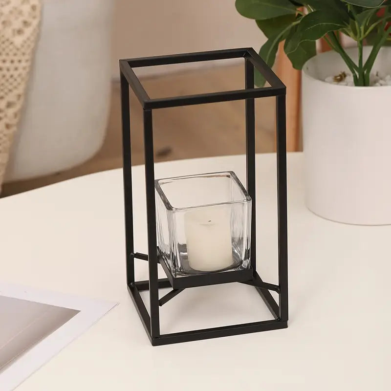 Black Iron Candle Holder - Windproof Glass, Home Decor Centerpiece